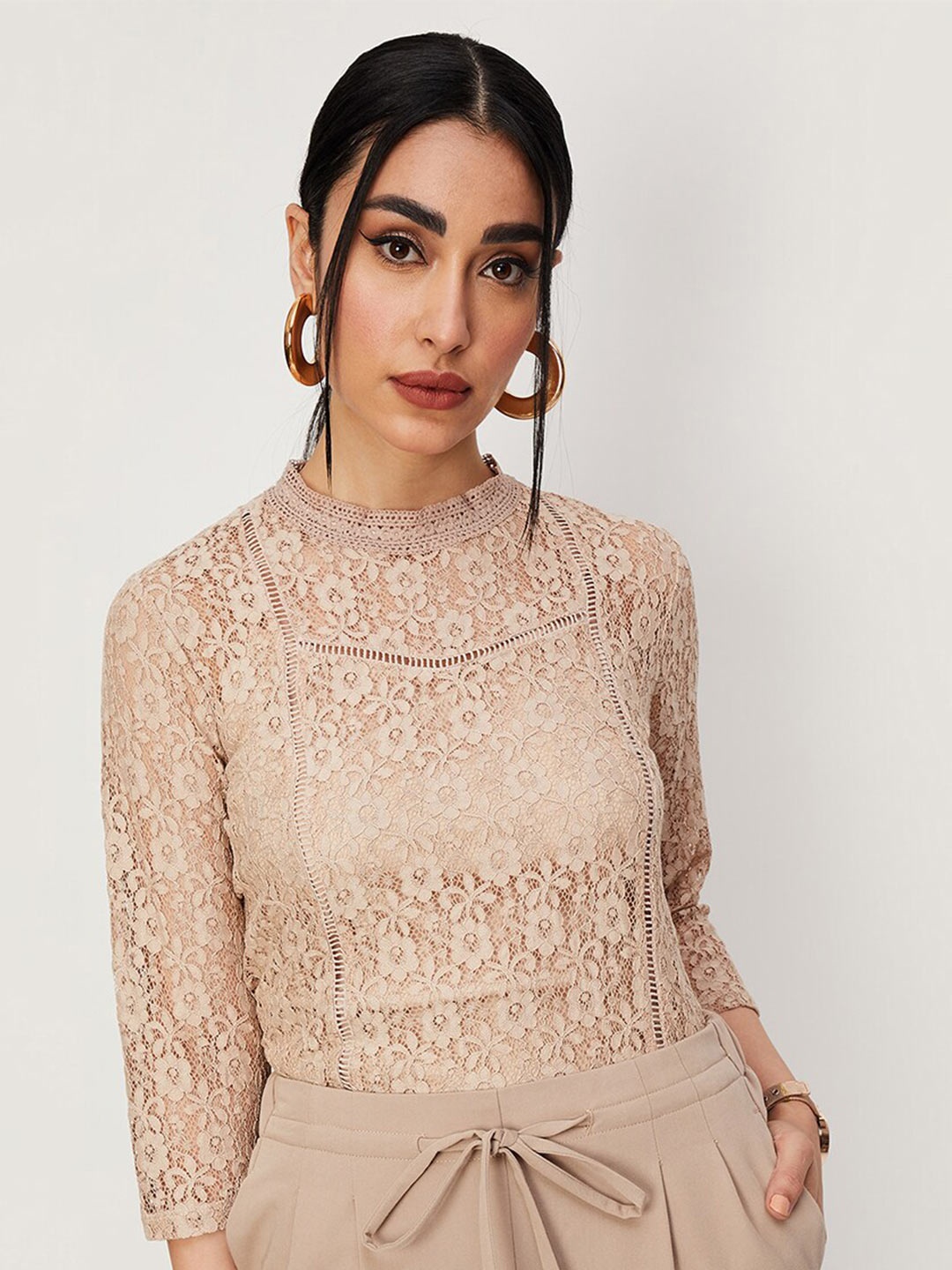 

max Self Design High Neck Top, Beige