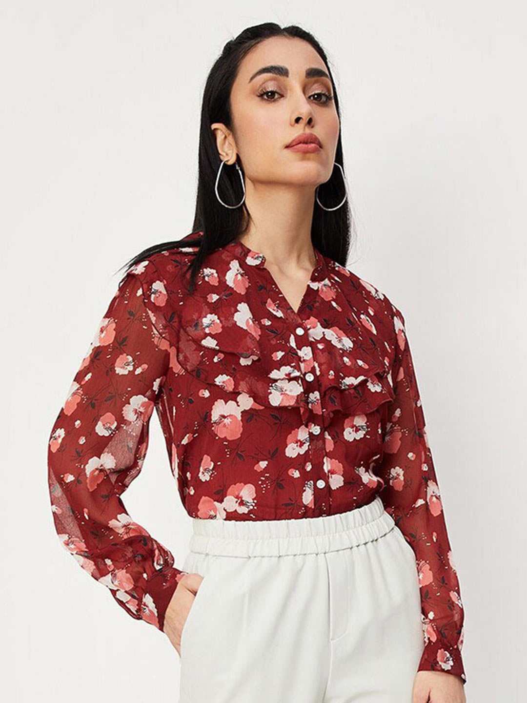 

max Floral Printed Mandarin CollarShirt Style Top, Red