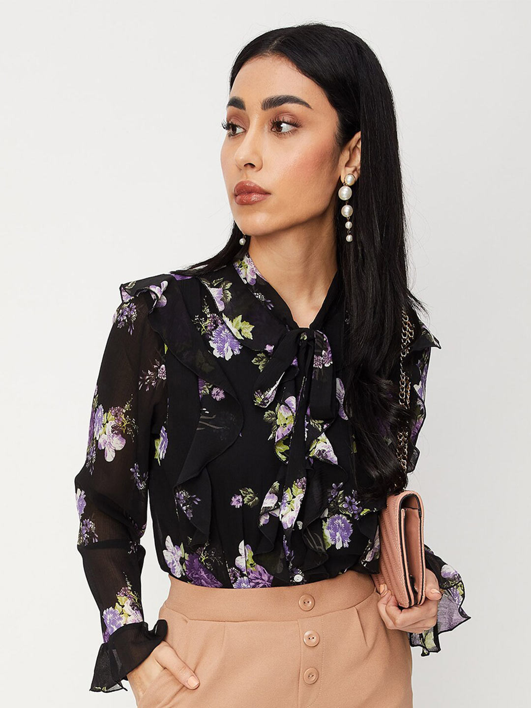 

max Floral Printed Tie-Up Neck Bell Sleeve Shirt Style Top, Black