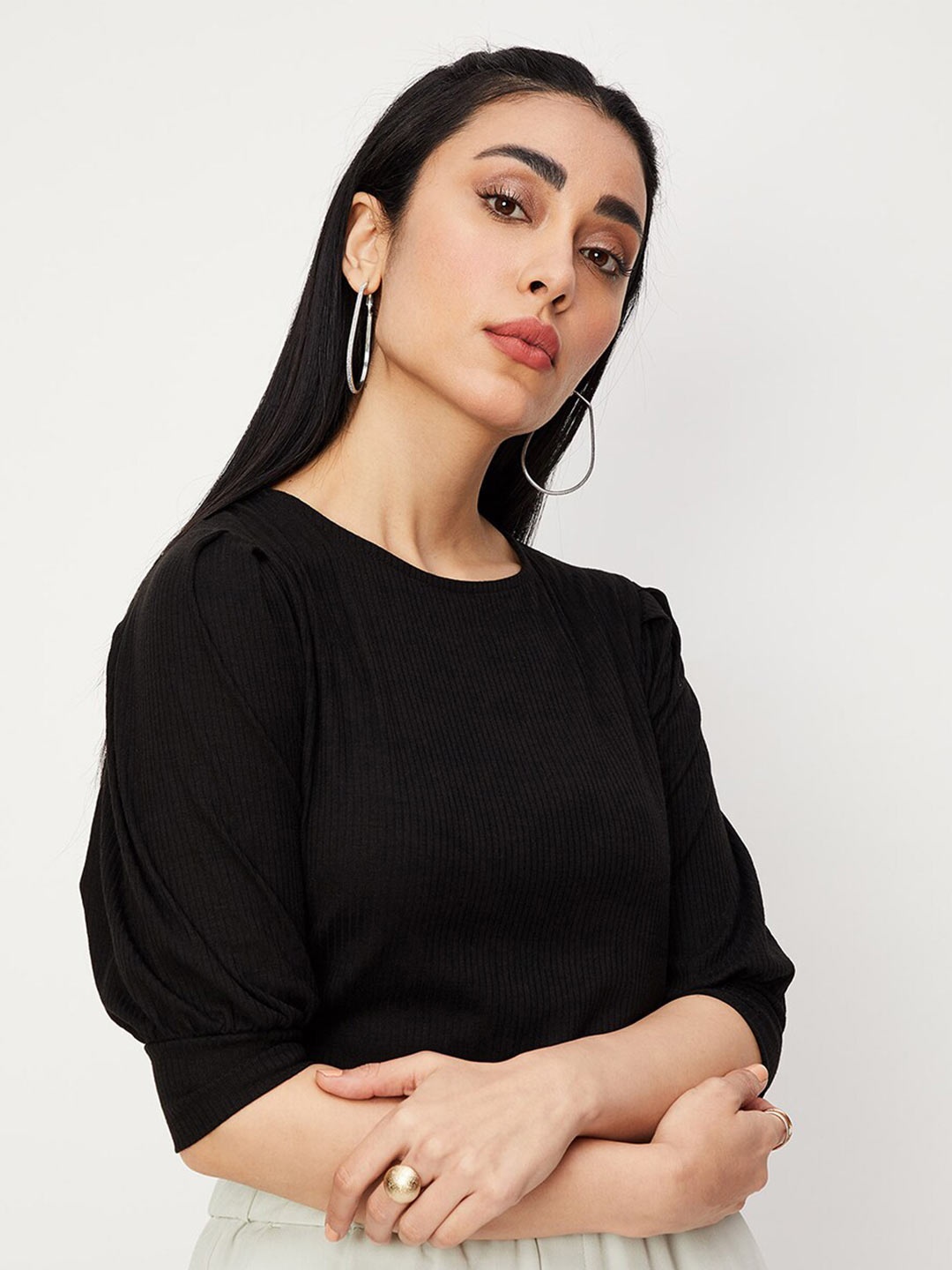 

max Self Design Puff Sleeves Round Neck Top, Black