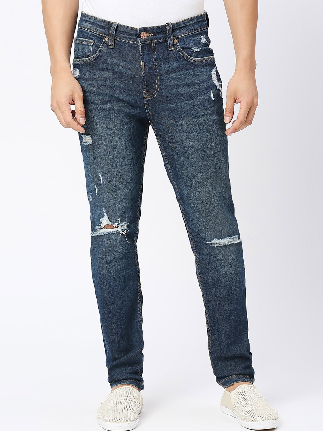 

LOVEGEN Men Skinny Fit Mid-Rise Mildly Distressed Light Fade Cotton Jeans, Blue