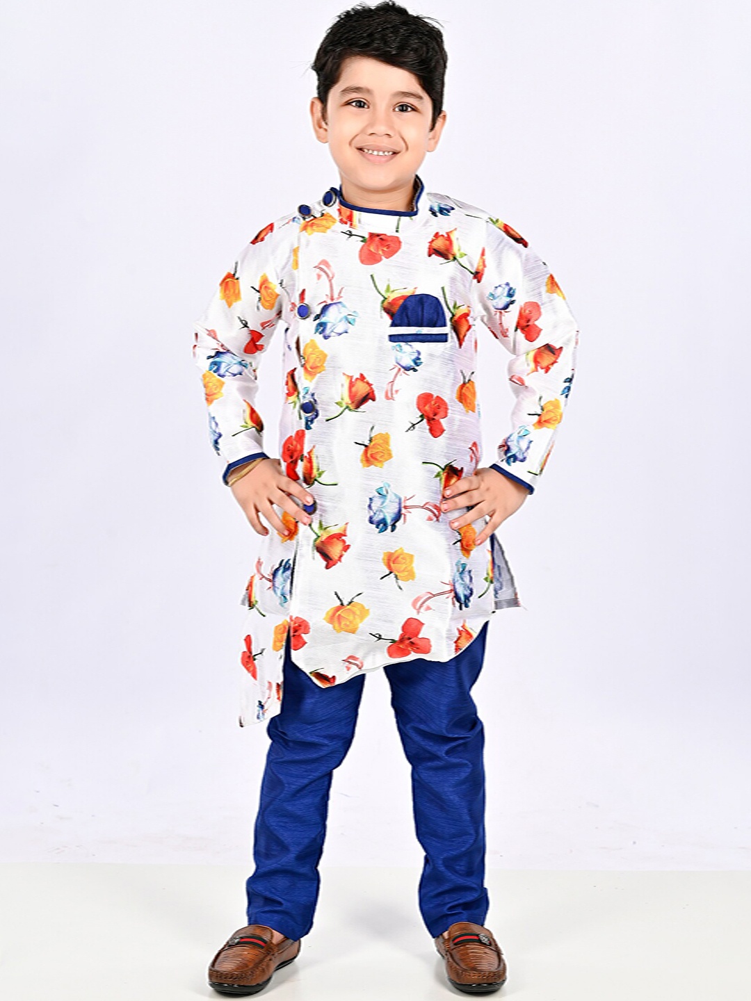 

BAESD Boys Floral Printed Band Collar Kurta with Pyjamas, White