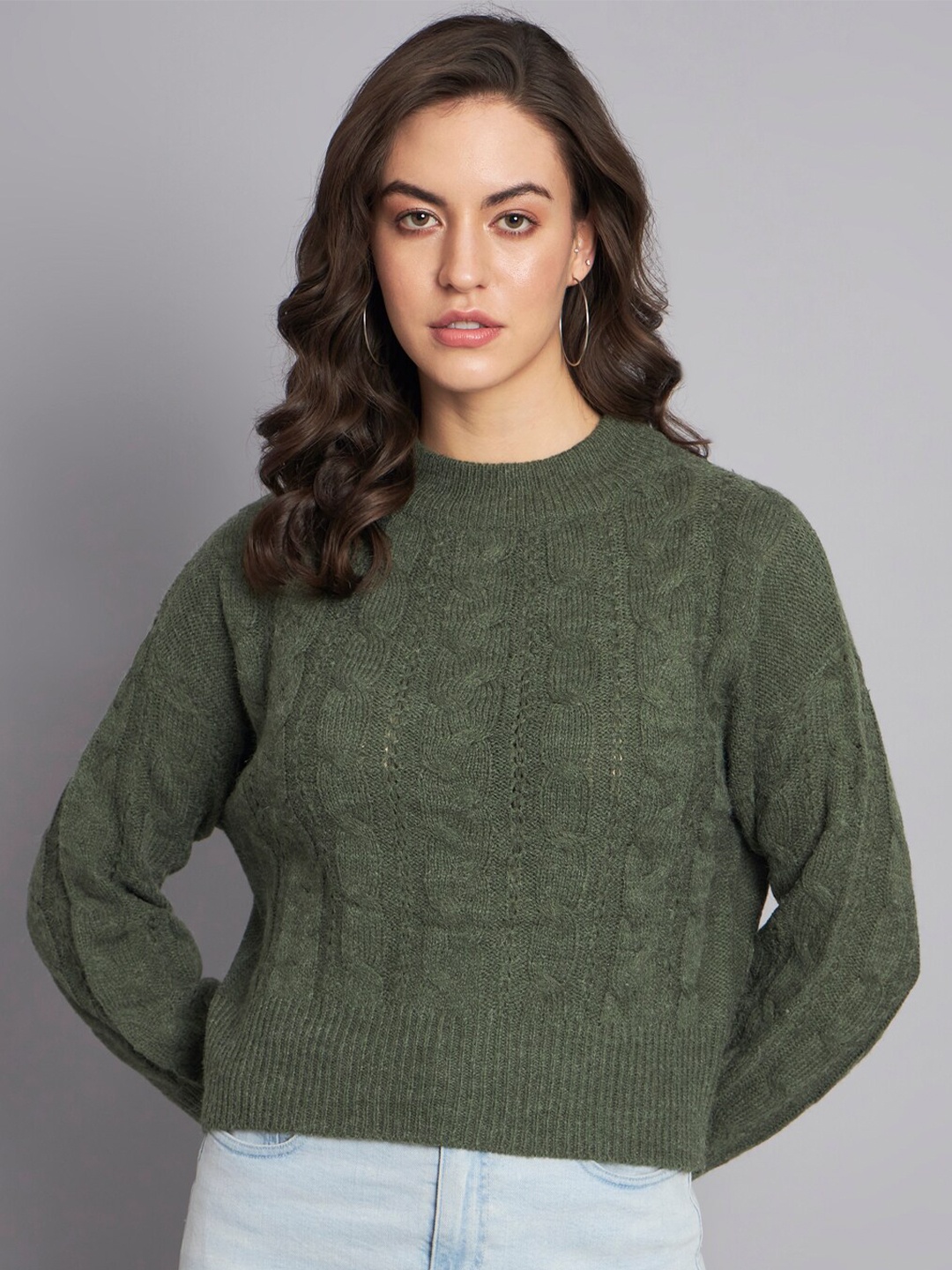 

NoBarr Cable Knit Crop Pullover, Green