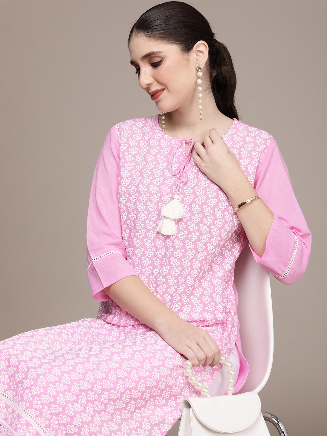 

Anouk Women Floral Embroidered Regular Pure Cotton Kurta with Palazzos, Pink