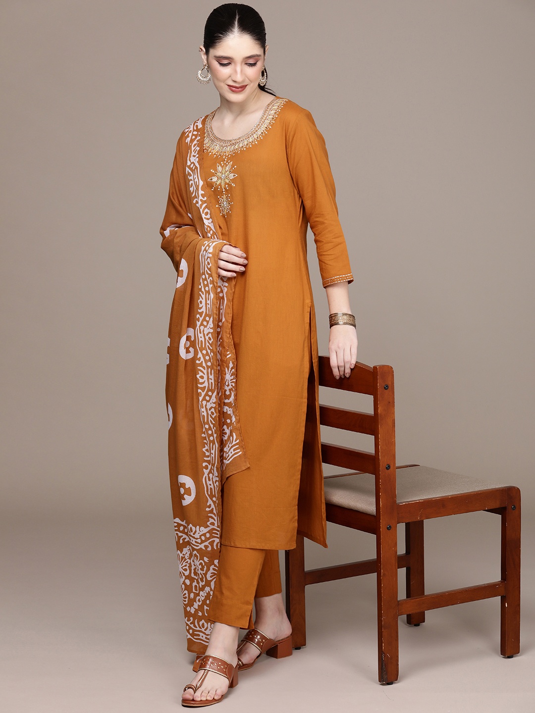 

Anouk Women Floral Embroidered Regular Pure Cotton Kurta with Trousers & With Dupatta, Mustard