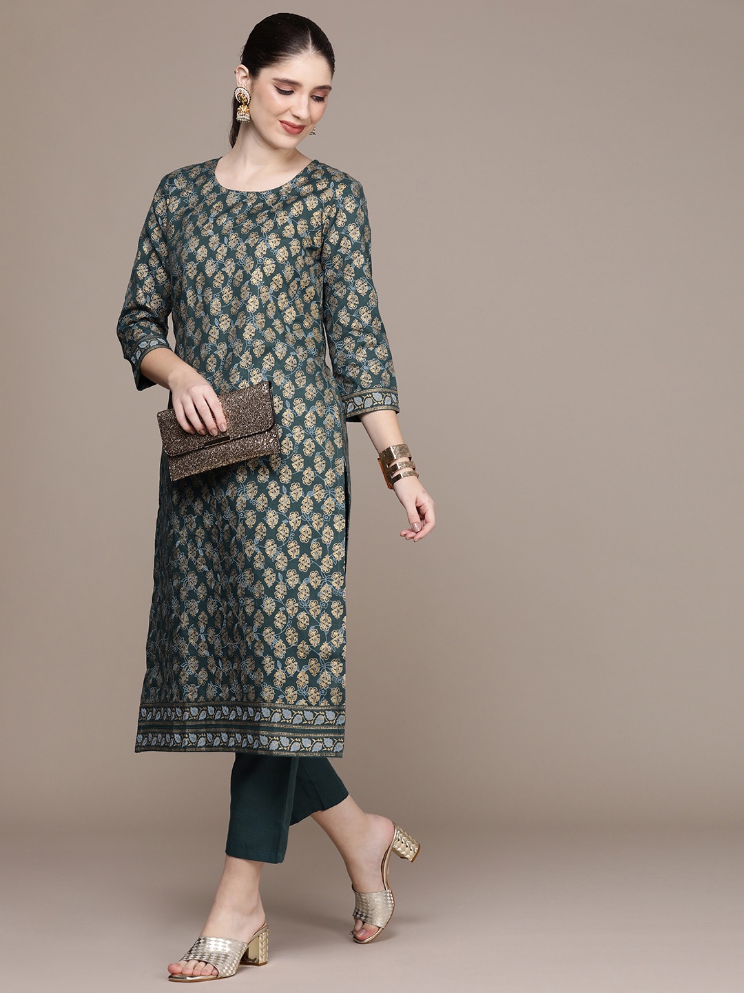 

Anouk Women Ethnic Motifs Printed Regular Pure Cotton Kurta with Trousers, Green