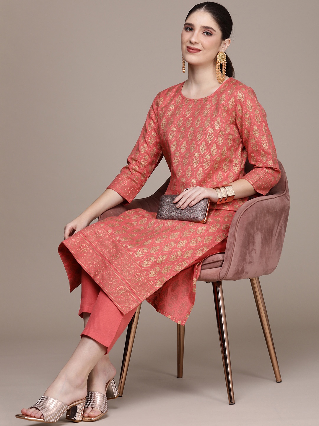 

Anouk Women Ethnic Motifs Printed Regular Pure Cotton Kurta with Trousers, Coral