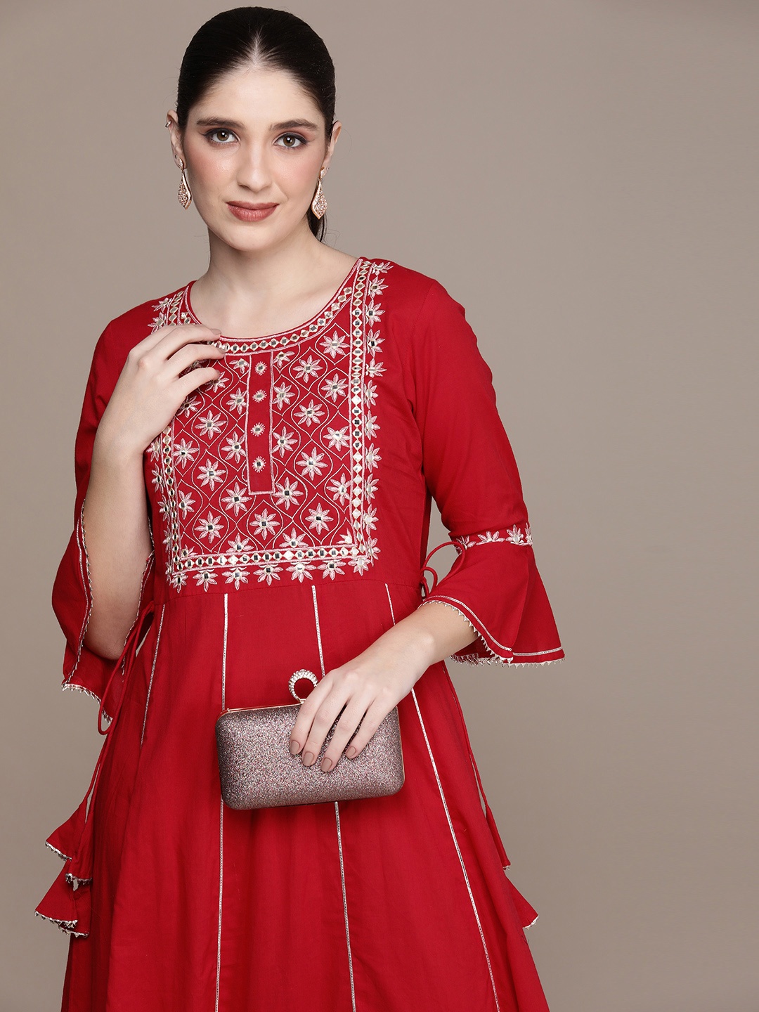 

Anouk Women Floral Embroidered Mirror Work Tiering Anarkali Kurta, Red