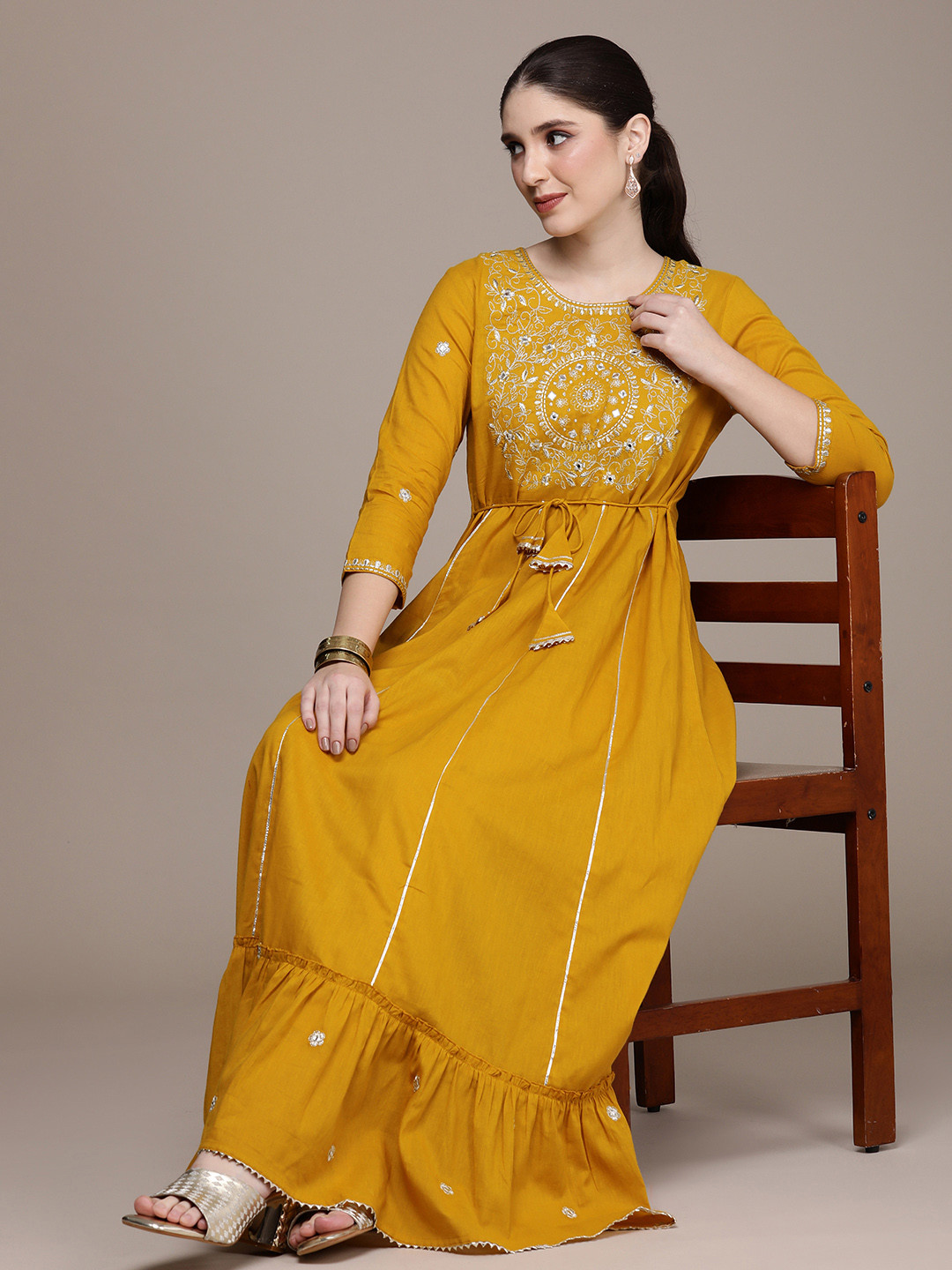 

Anouk Women Ethnic Motifs Embroidered Mirror Work Tiering Anarkali Kurta, Yellow