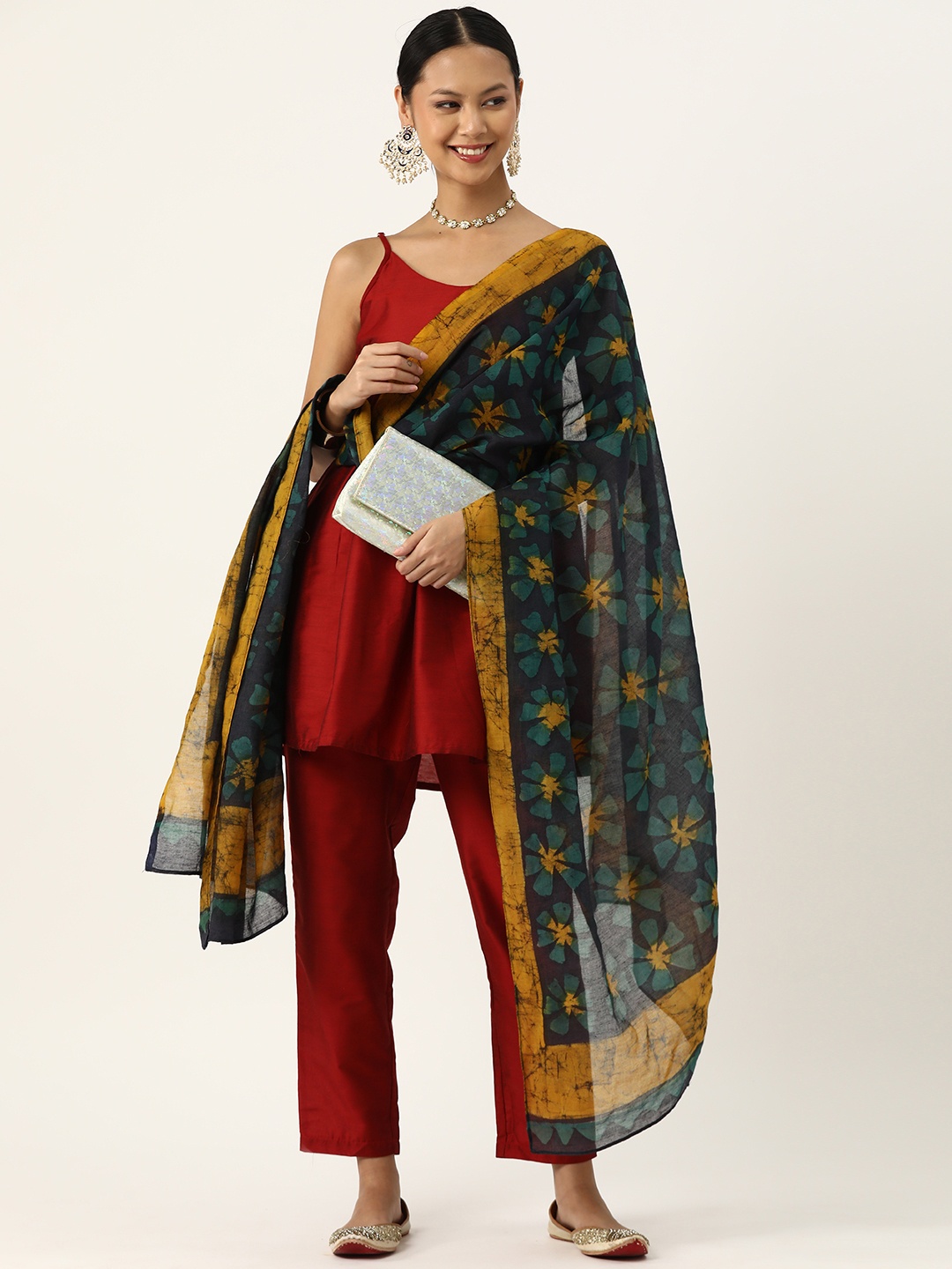 

ArtEastri Silk Cotton Printed Batik Dupatta, Navy blue