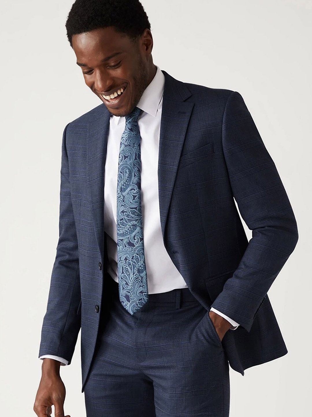 

Marks & Spencer Men Checked Single Breasted Formal Blazer, Navy blue