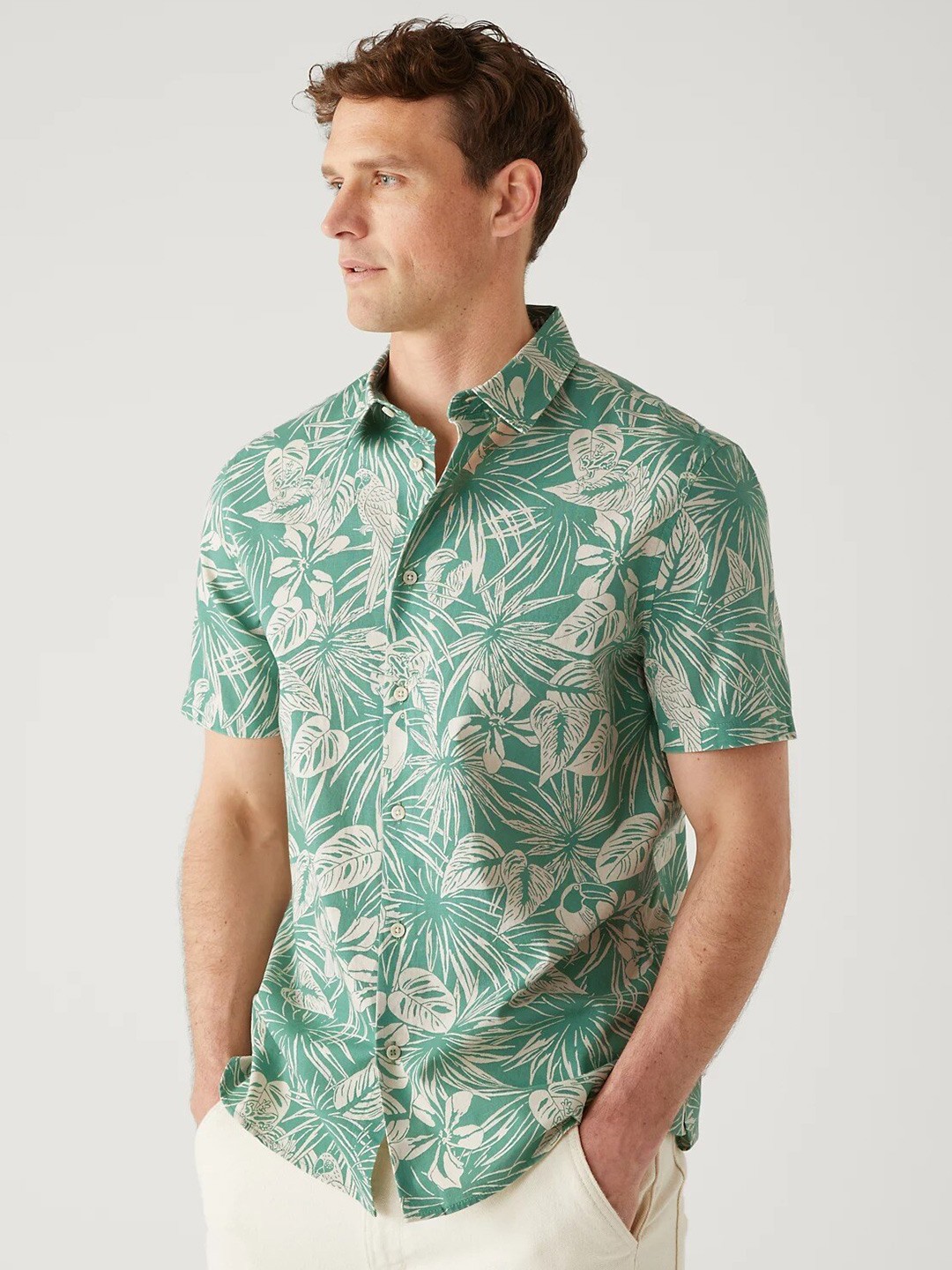 

Marks & Spencer Tropical Printed Slim Fit Cotton Casual Shirt, Green