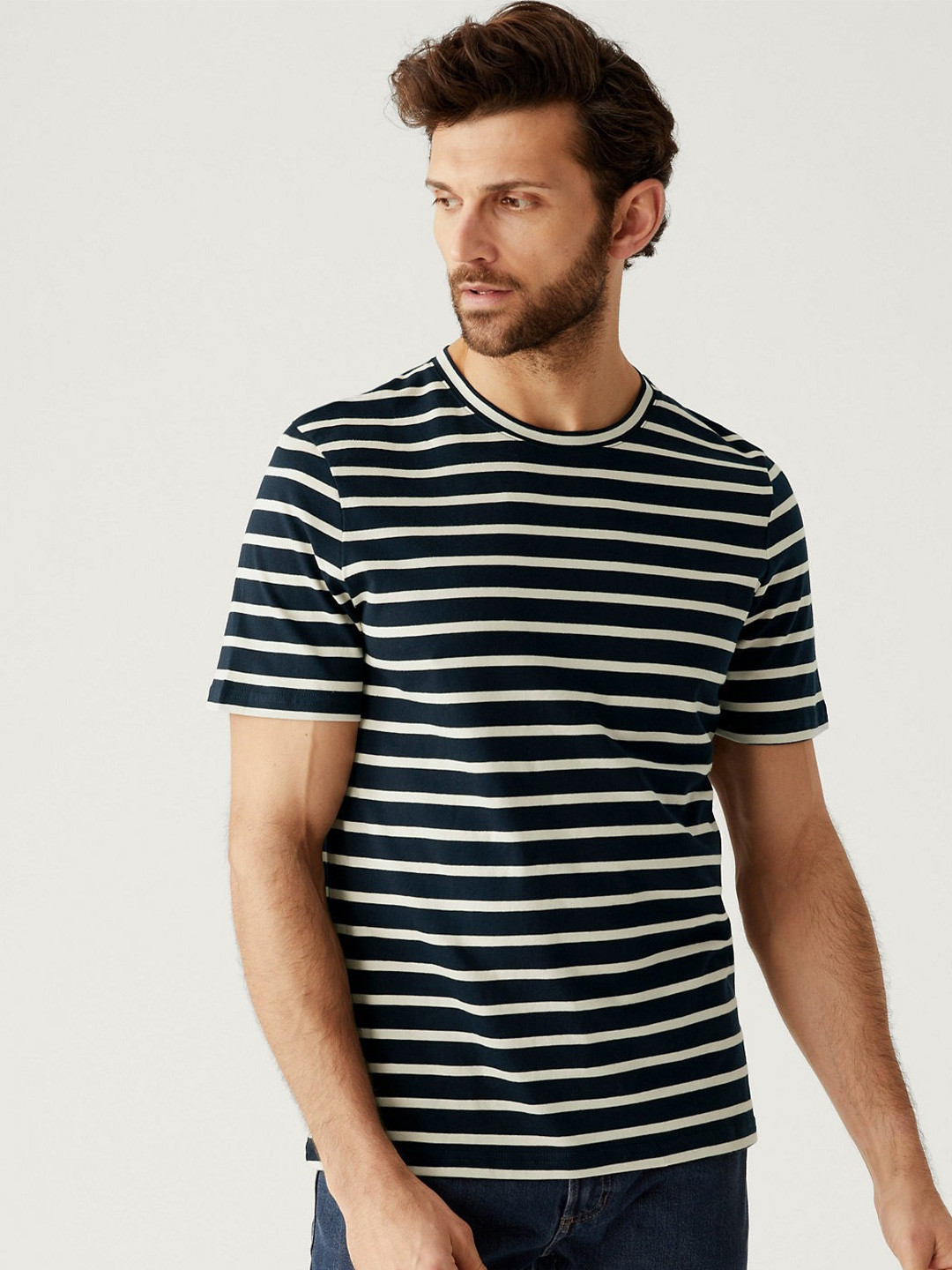 

Marks & Spencer Striped Round Neck Cotton T-shirt, Navy blue