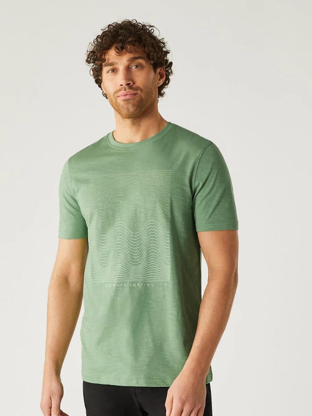 

Marks & Spencer Graphic Printed Round Neck Cotton T-shirt, Olive