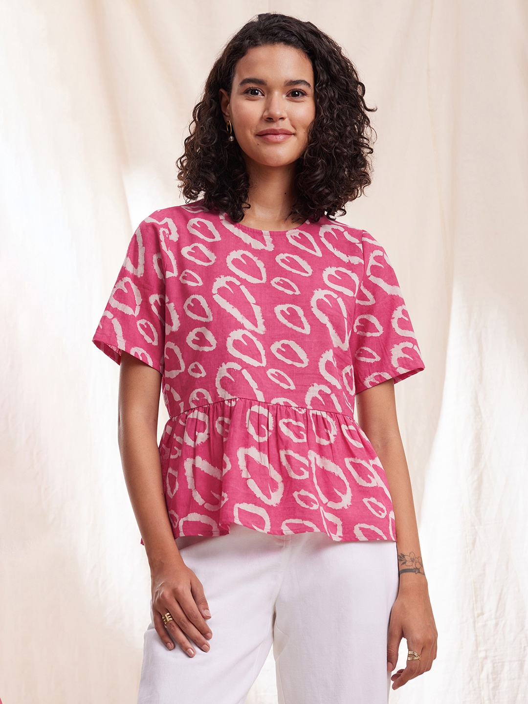 

Pink Fort Heart Printed Pure Cotton Peplum Top