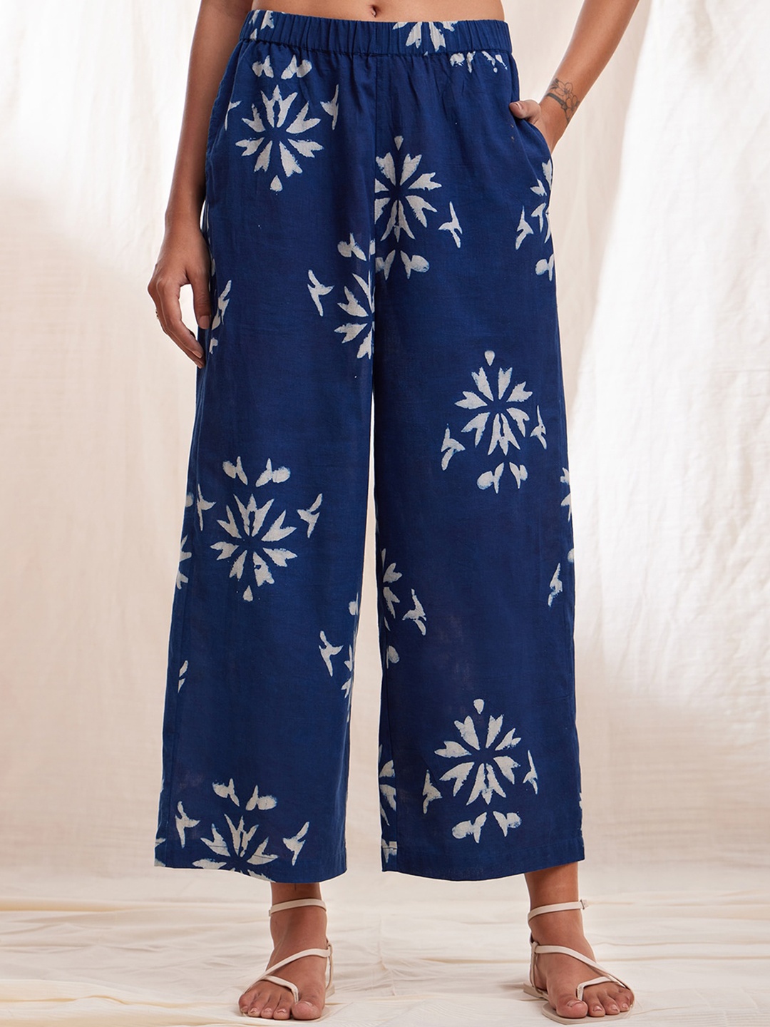 

Pink Fort Women Floral Printed Relaxed Parallel Trousers, Blue