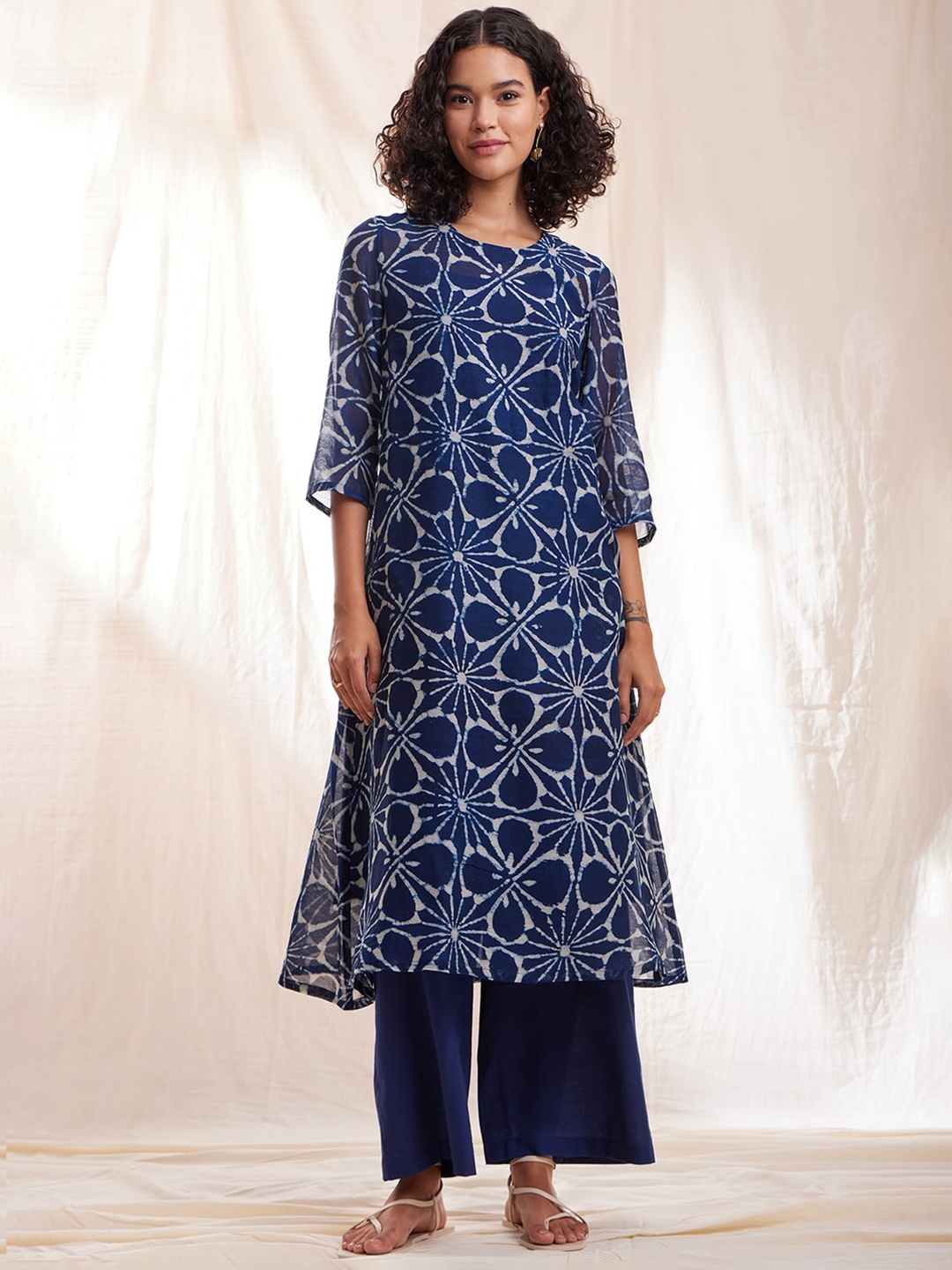 

Pink Fort Ethnic Motifs Printed Chanderi Cotton Kurta, Blue