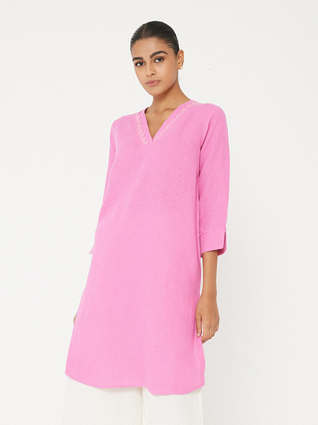 

Ancestry V-Neck Regular Sleeves Pure Linen A-Line Dress, Pink