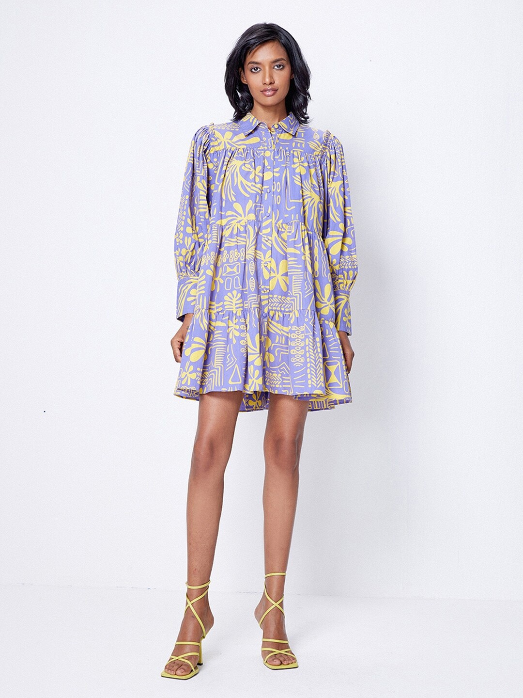 

Ancestry Floral Printed Cuffed Sleeves Tiered Poplin Shirt Mini Dress, Violet