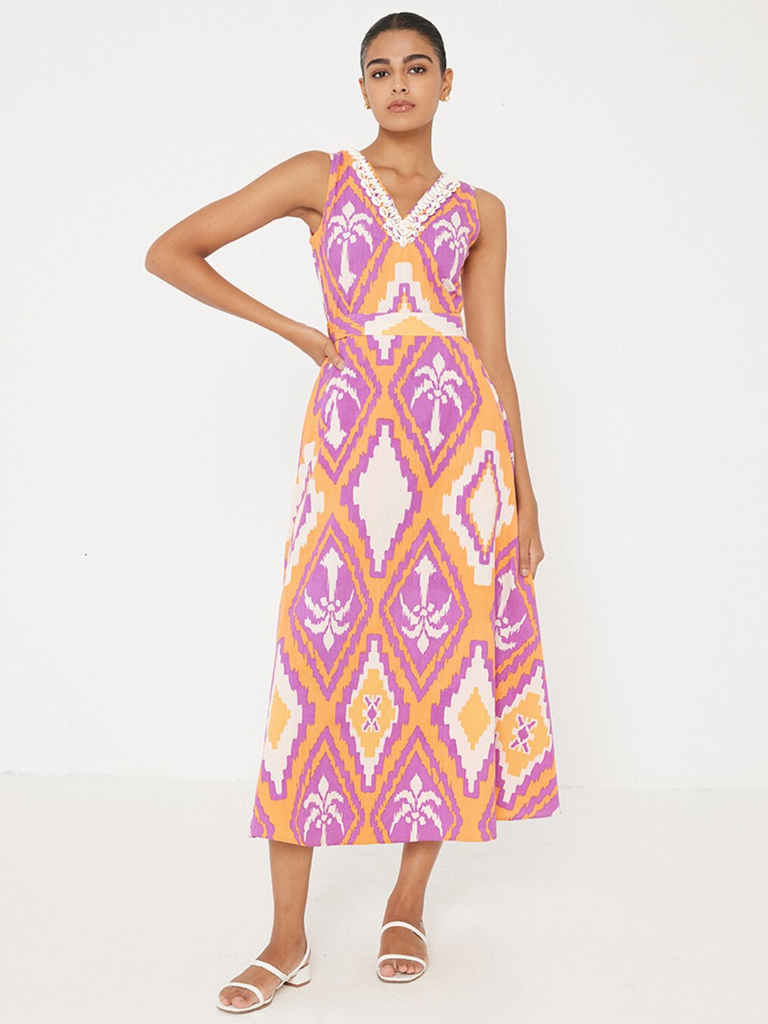 

Ancestry Geometric Printed Embellished Poplin Fit & Flare Midi Dress, Violet