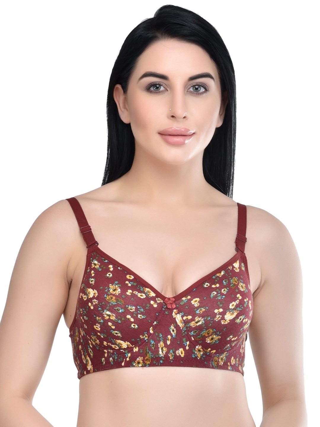 

Extoes Maroon & Yellow Floral Bra Full Coverage Lightly Padded