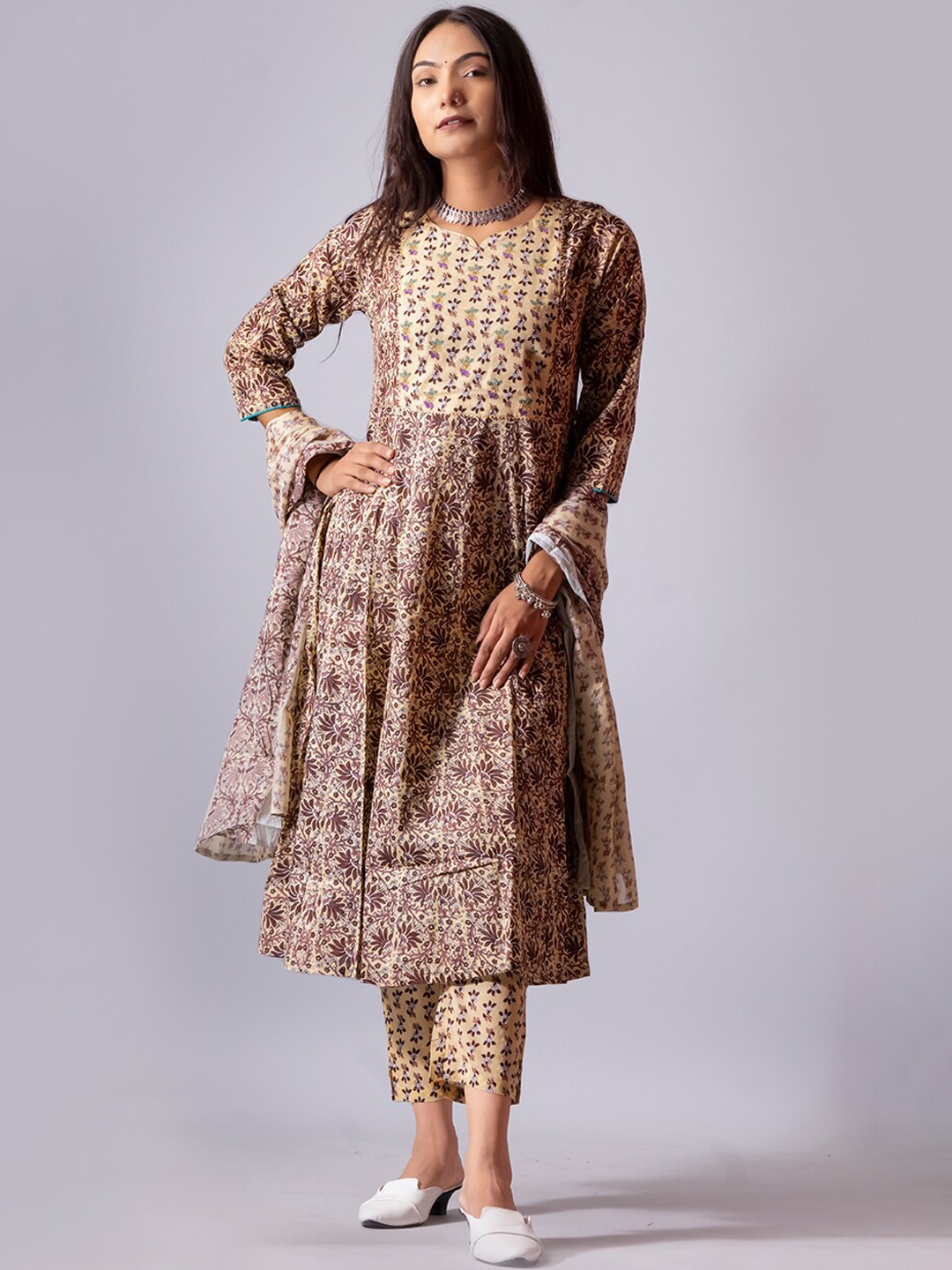 

NAYRA Floral Printed Pure Cotton Kurta With Trousers & Dupatta, Brown