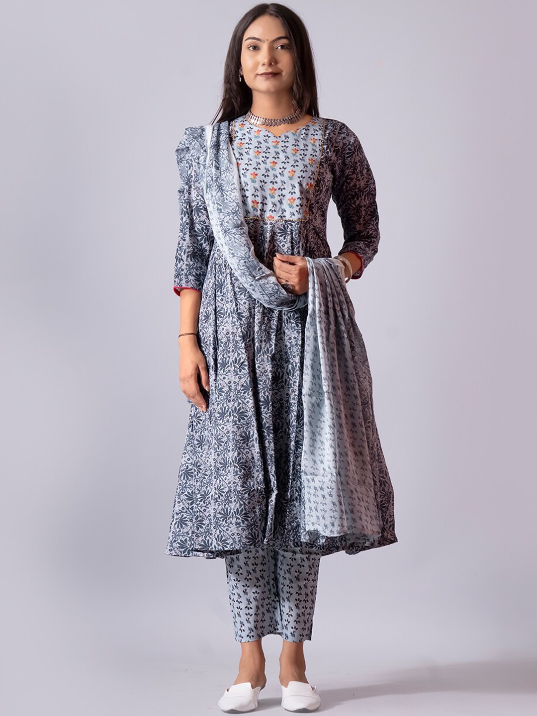 

NAYRA Floral Printed Pure Cotton Kurta with Trousers & Dupatta, Grey