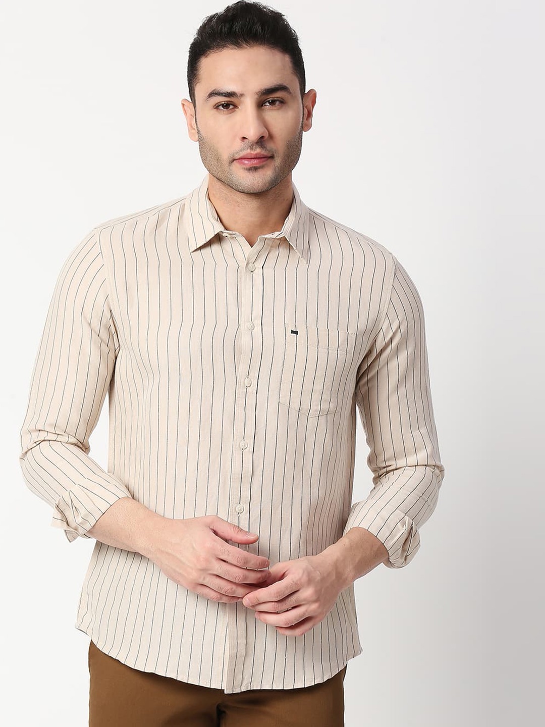 

Basics Standard Slim Fit Vertical Striped Casual Cotton Shirt, Beige