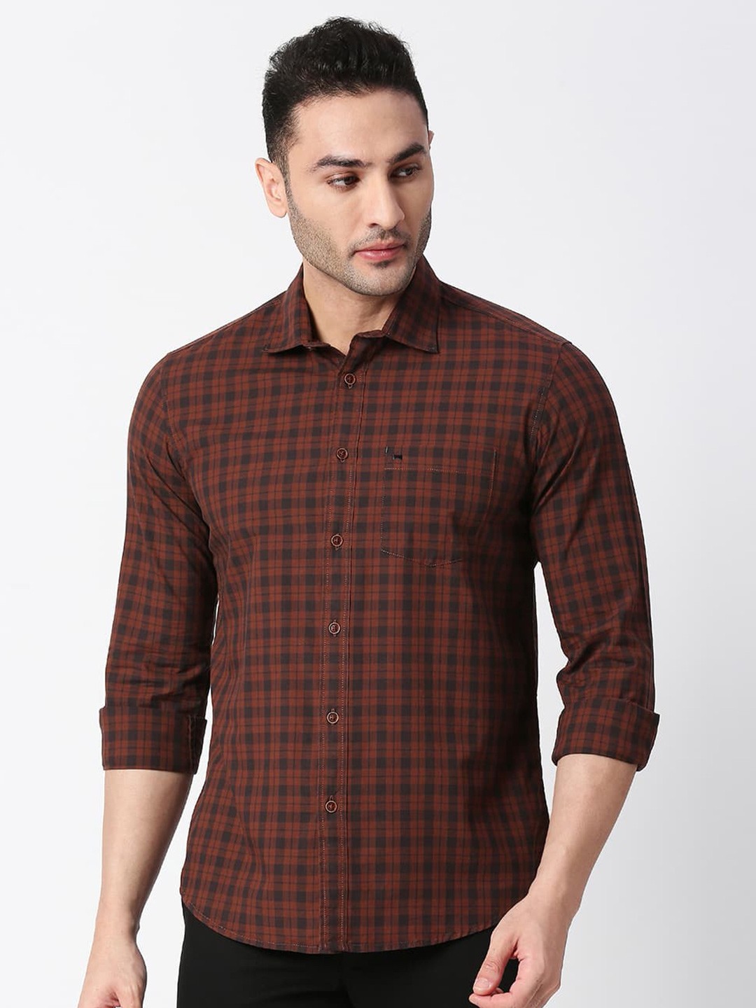 

Basics Standard Slim Fit Tartan Checks Cotton Casual Shirt, Brown