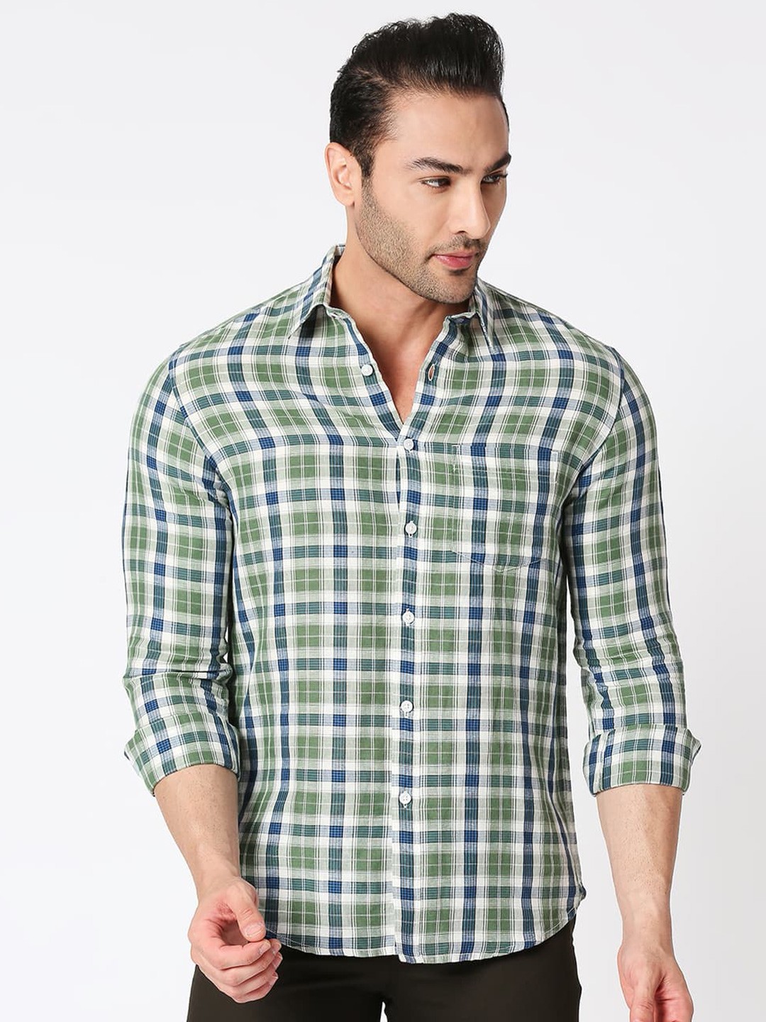 

Basics Standard Tartan Checked Cotton Casual Shirt, Green