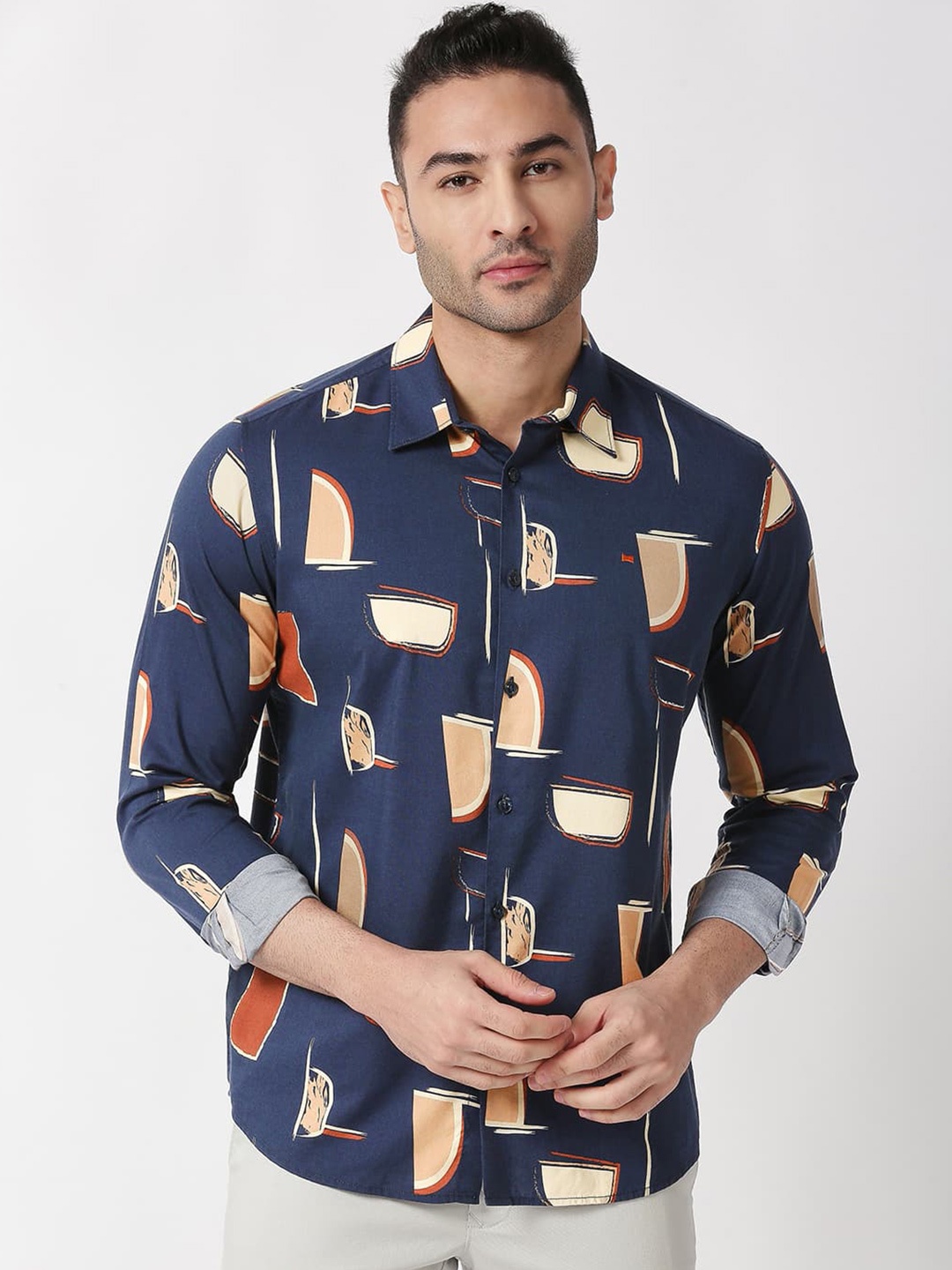 

Basics Standard Slim Fit Abstract Printed Casual Cotton Shirt, Navy blue