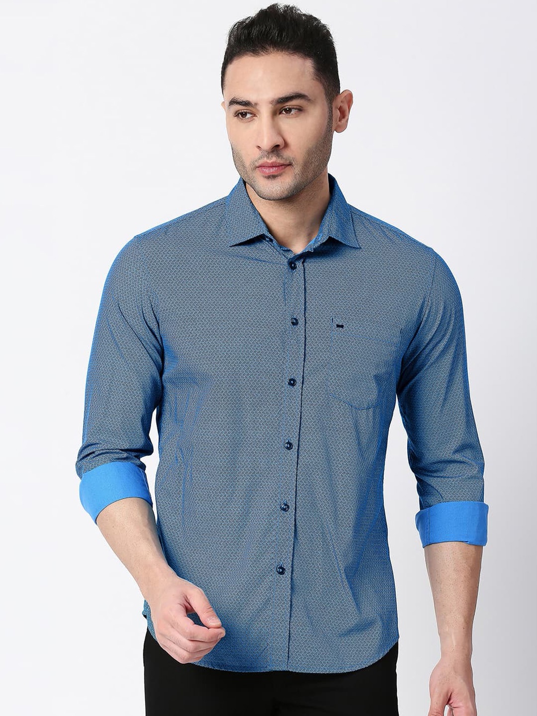 

Basics Standard Slim Fit Micro Ditsy Printed Cotton Casual Shirt, Blue