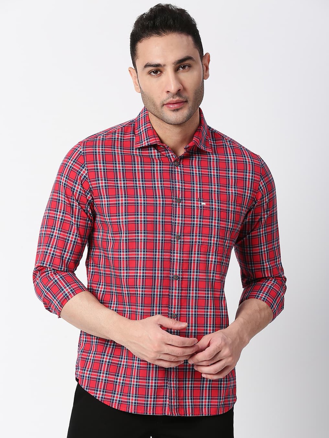 

Basics Standard Slim Fit Tartan Checked Casual Cotton Shirt, Red