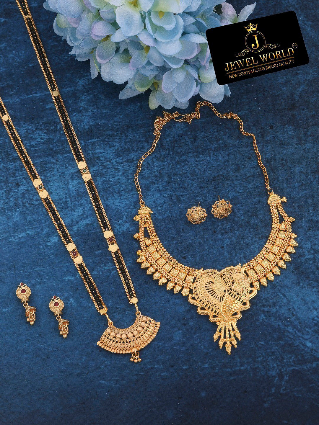 

JEWEL WORLD Gold Plated & Stone Studded& Beaded Mangalsutra with Necklace & Earrings
