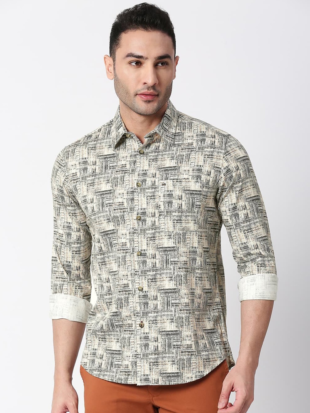 

Basics Standard Slim Fit Abstract Printed Cotton Casual Shirt, Beige