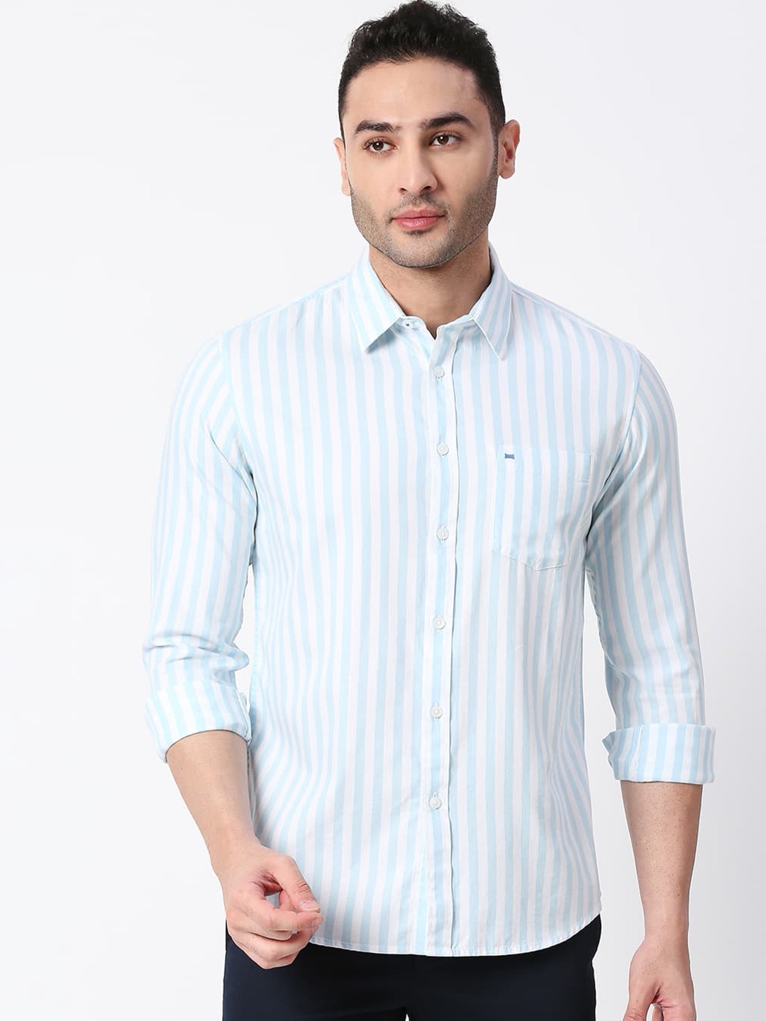

Basics Standard Slim Fit Striped Twill Cotton Casual Shirt, Blue