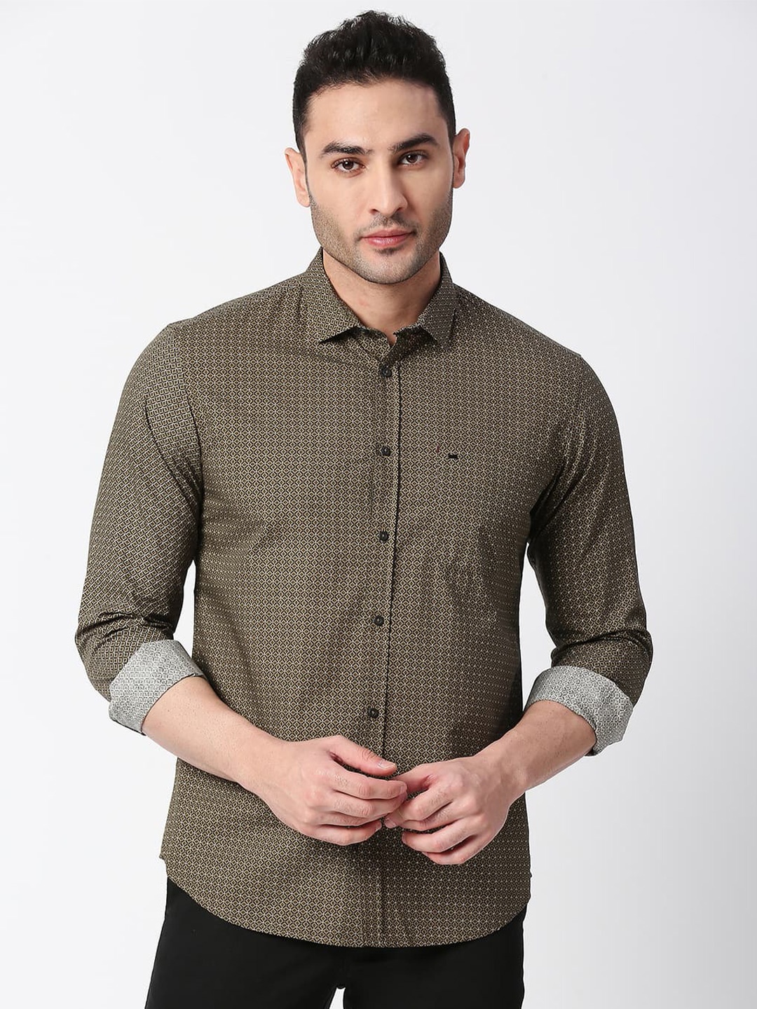 

Basics Standard Slim Fit Geometric Printed Cotton Casual Shirt, Olive