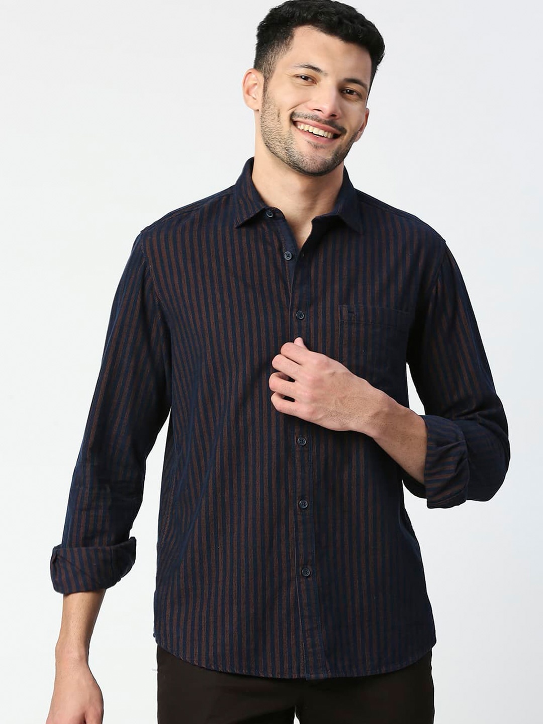 

Basics Standard Slim Fit Striped Cotton Casual Shirt, Brown