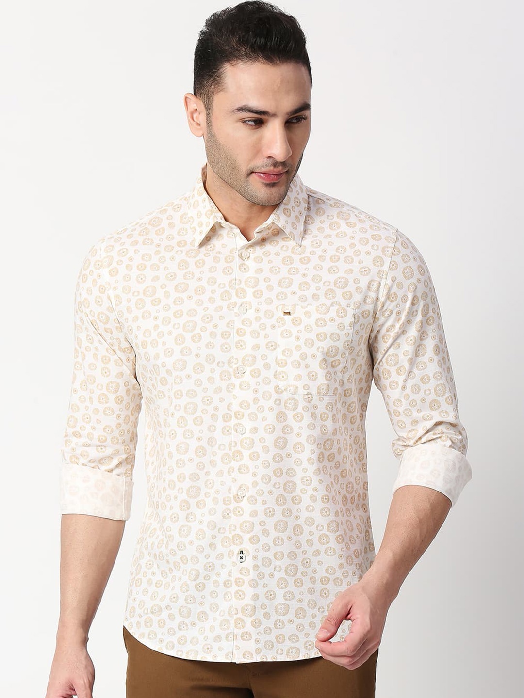 

Basics Standard Slim Fit Abstract Printed Casual Cotton Shirt, White