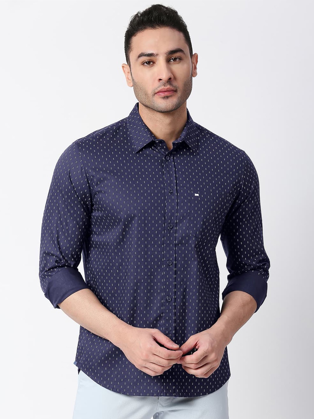 

Basics Standard Slim Fit Micro Ditsy Printed Oxford Casual Cotton Shirt, Navy blue