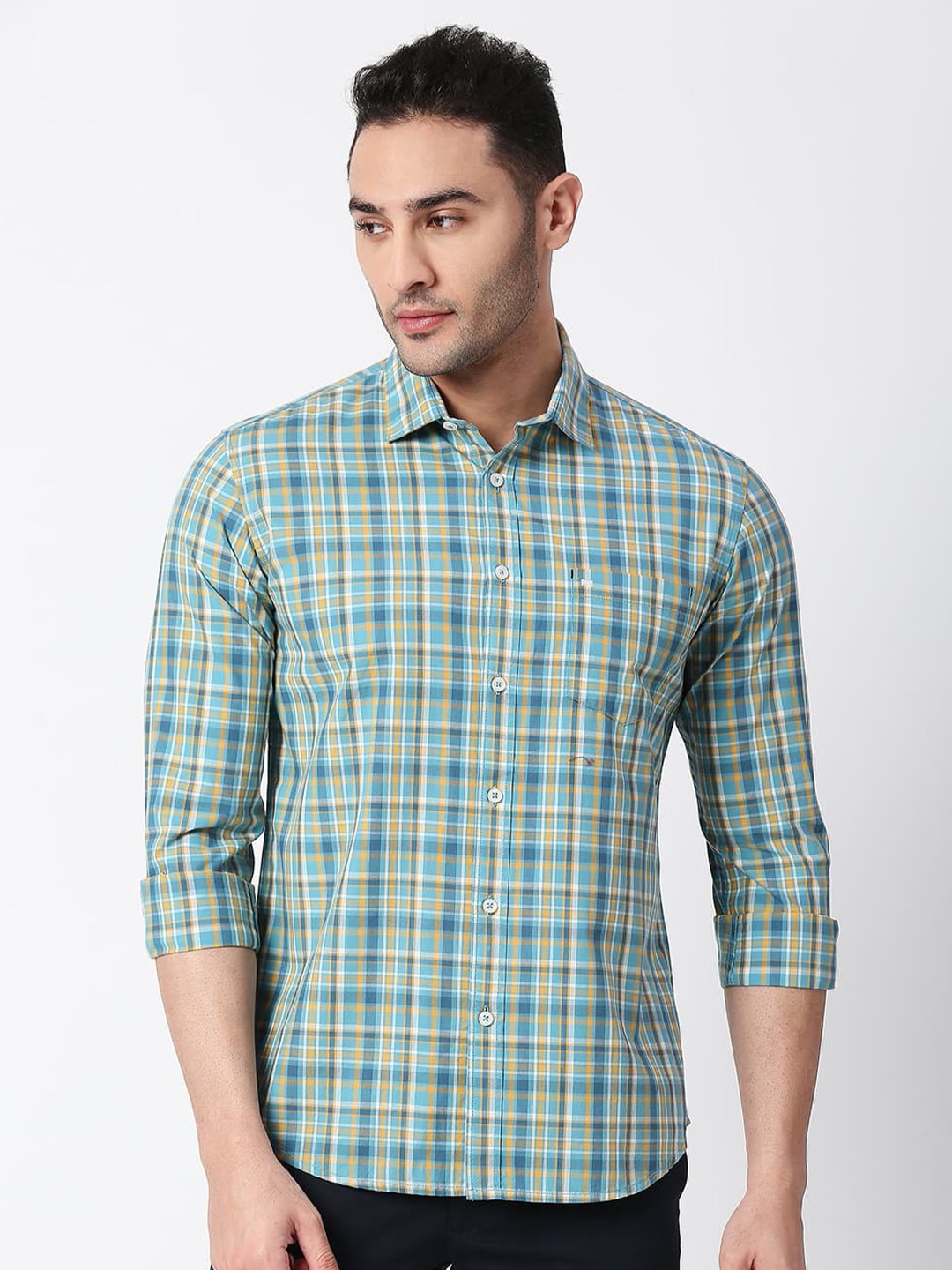 

Basics Standard Slim Fit Tartan Checked Casual Cotton Shirt, Sea green