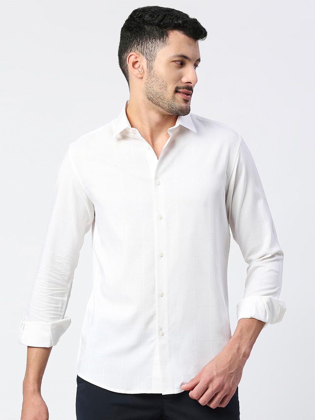 

Basics Long Sleeves Standard Slim Fit Casual Checked Shirt, White