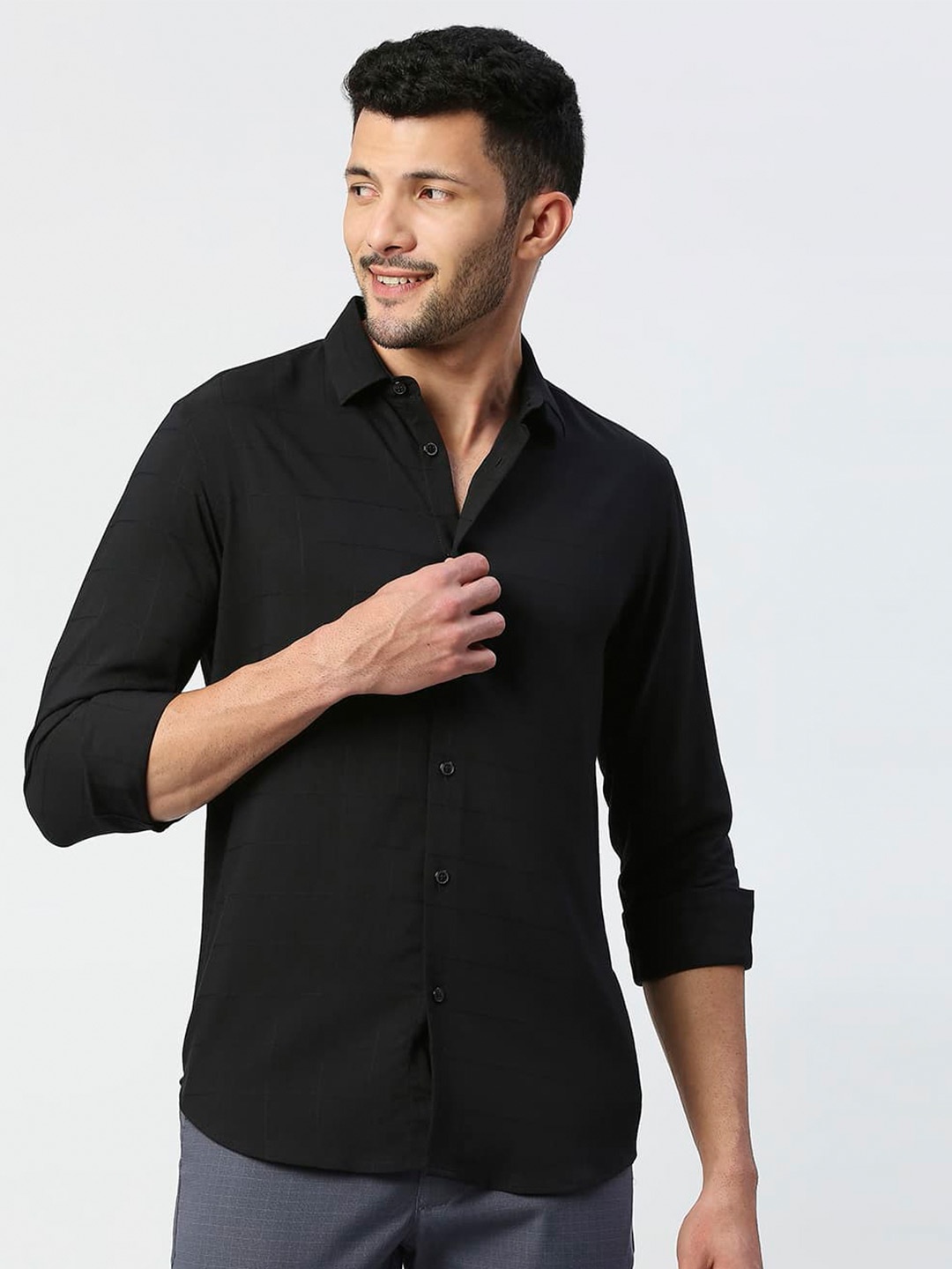 

Basics Standard Slim Fit Cotton Casual Shirt, Black