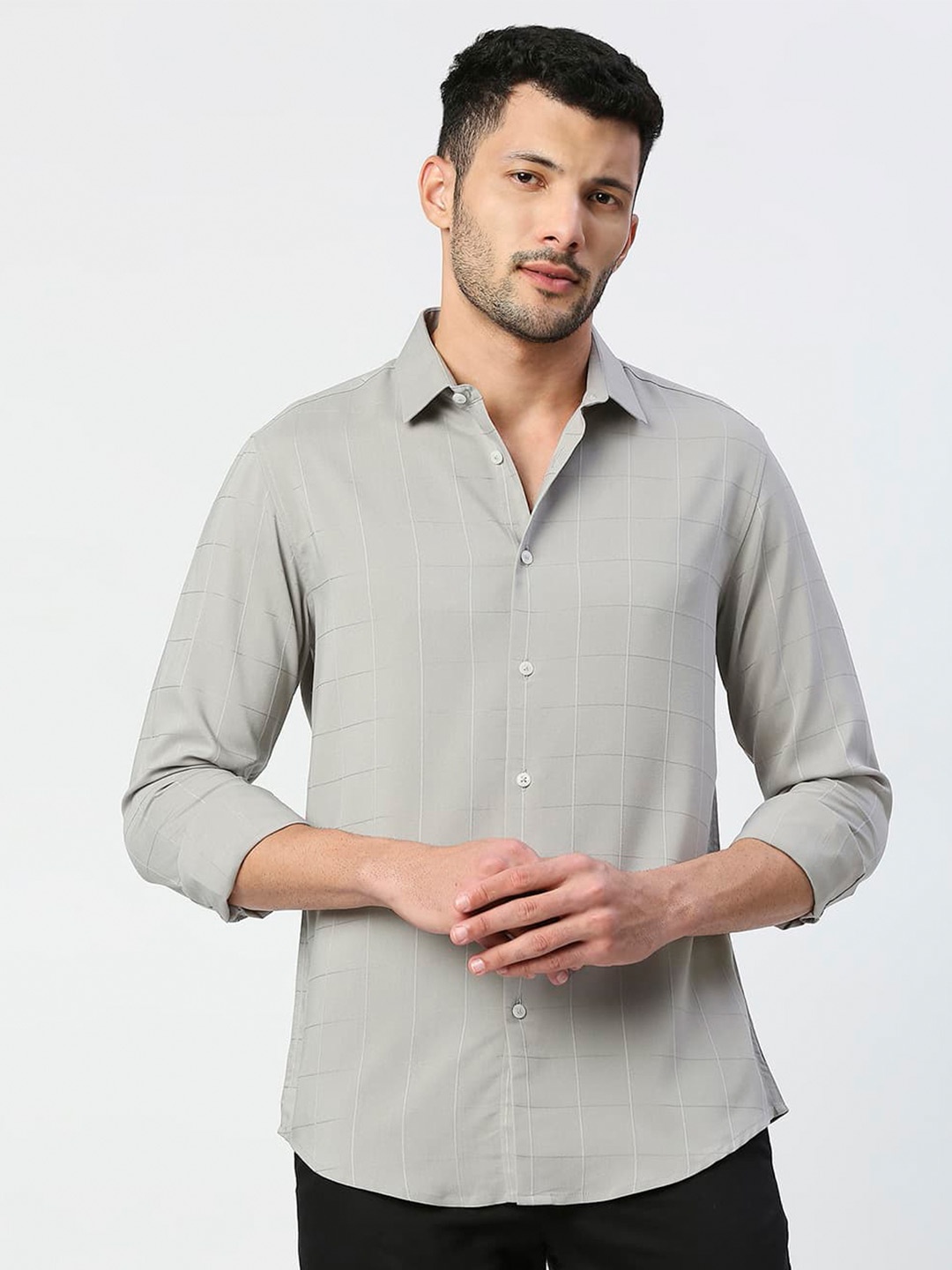 

Basics Standard Slim Fit Windowpane Checked Cotton Casual Shirt, Grey