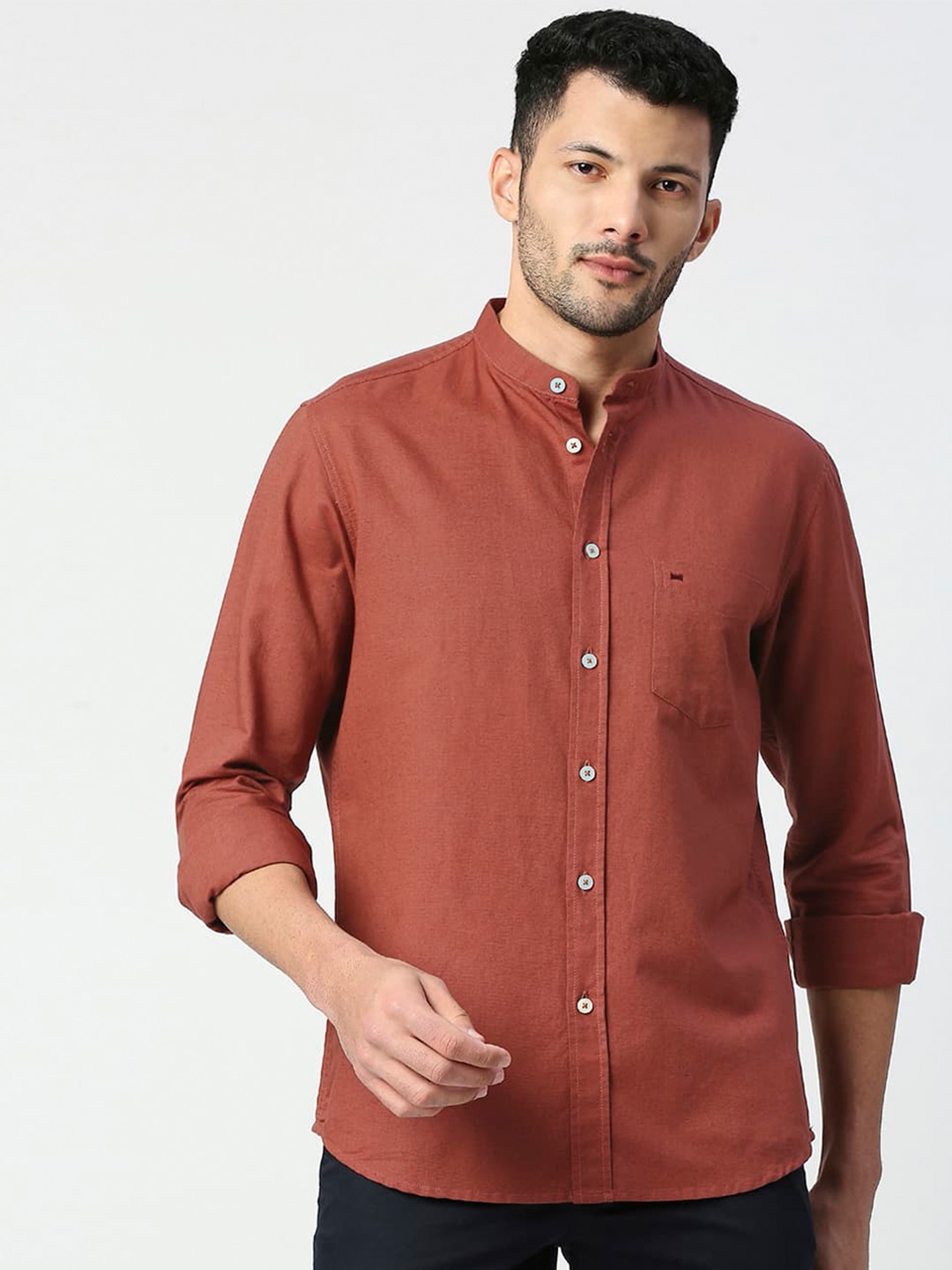 

Basics Standard Slim Fit Band Collar Cotton Linen Casual Shirt, Maroon