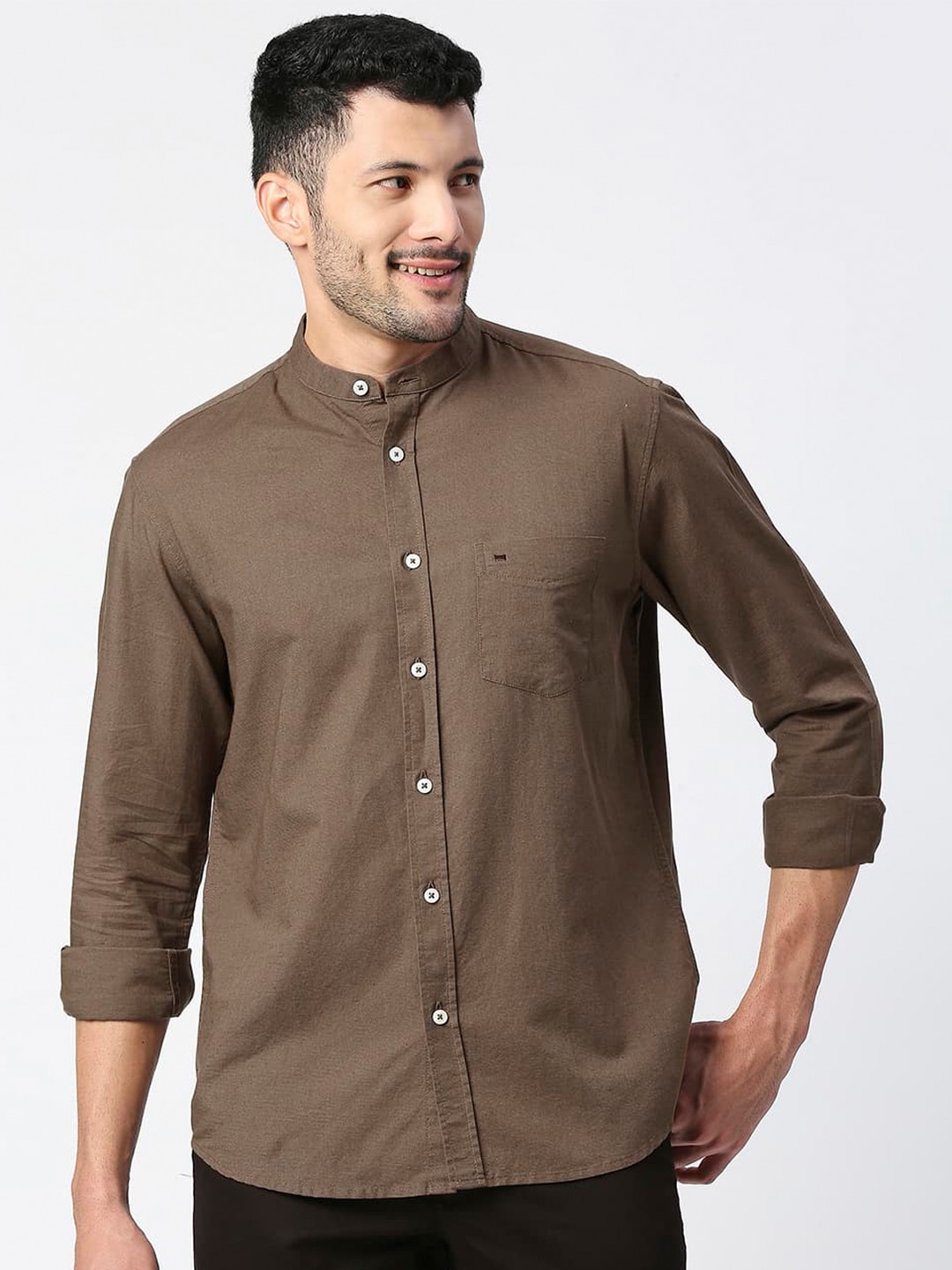 

Basics Band Collar Standard Slim Fit Cotton Linen Shirt, Brown