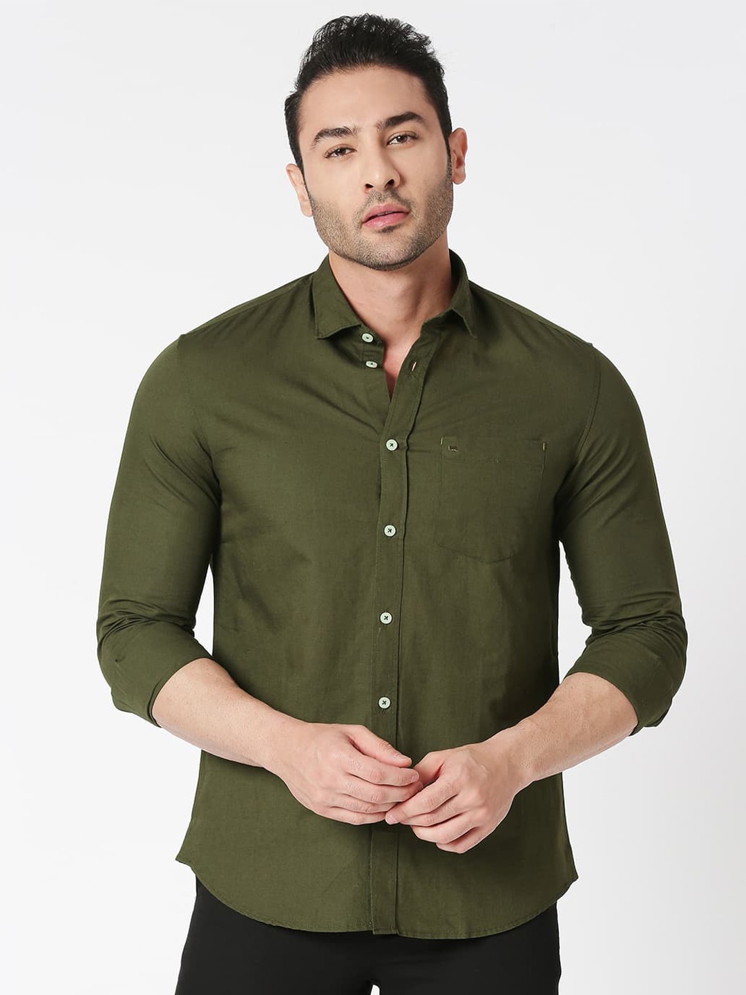 

Basics Standard Slim Fit Opaque Cotton Linen Casual Shirt, Olive