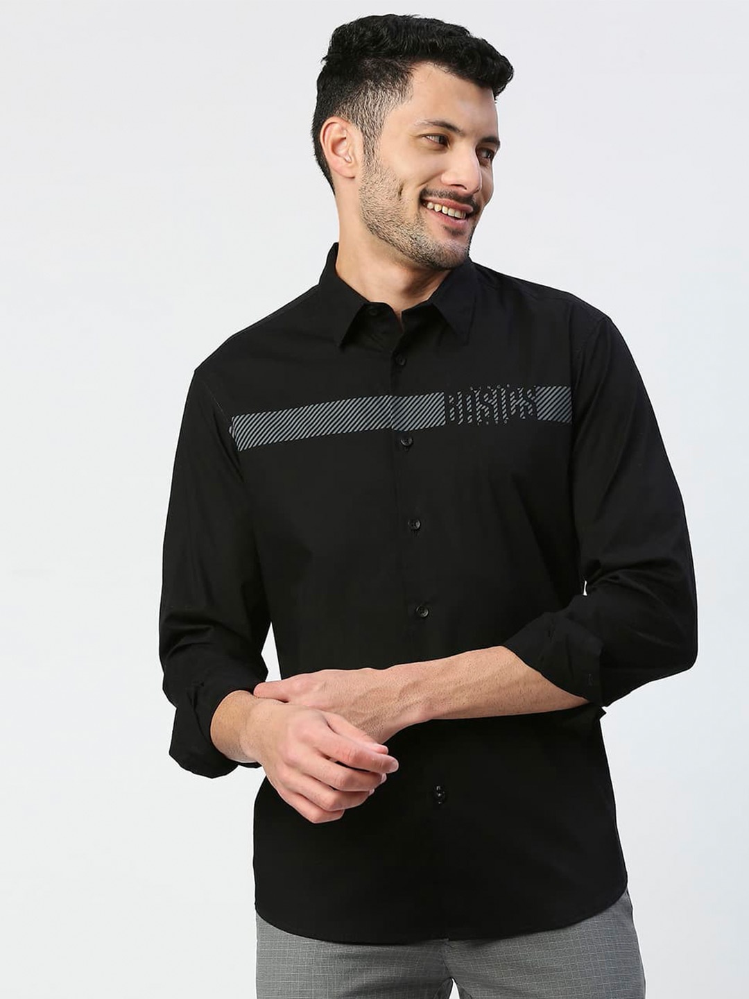 

Basics Typography Printed Standard Slim Fit Cotton Casual Shirt, Black