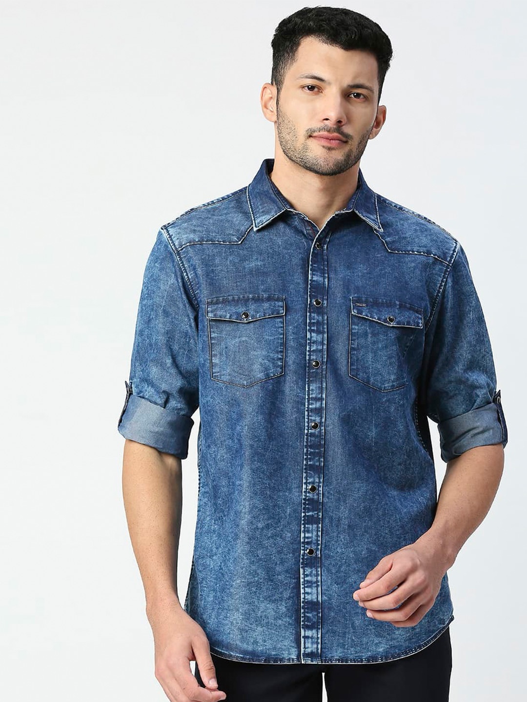 

Basics Slim Fit Standard Faded Casual Shirt, Blue