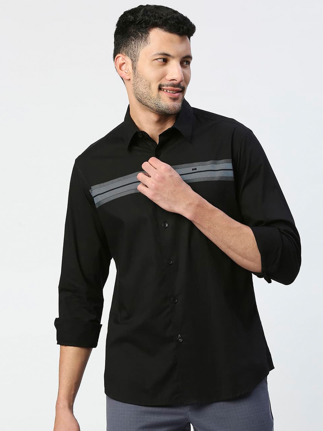 

Basics Horizontal Striped Standard Slim Fit Cotton Casual Shirt, Black